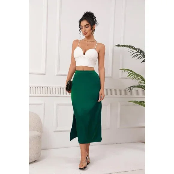 Women's Green Satin Elastic Silk Slip A Line Flowy Ruffle Cocktail Midi Skirt